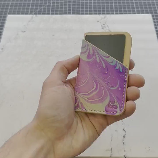 Handmade Marbled Blue and Purple Leather Cardholder – Unique and Stylish Minimalist Wallet