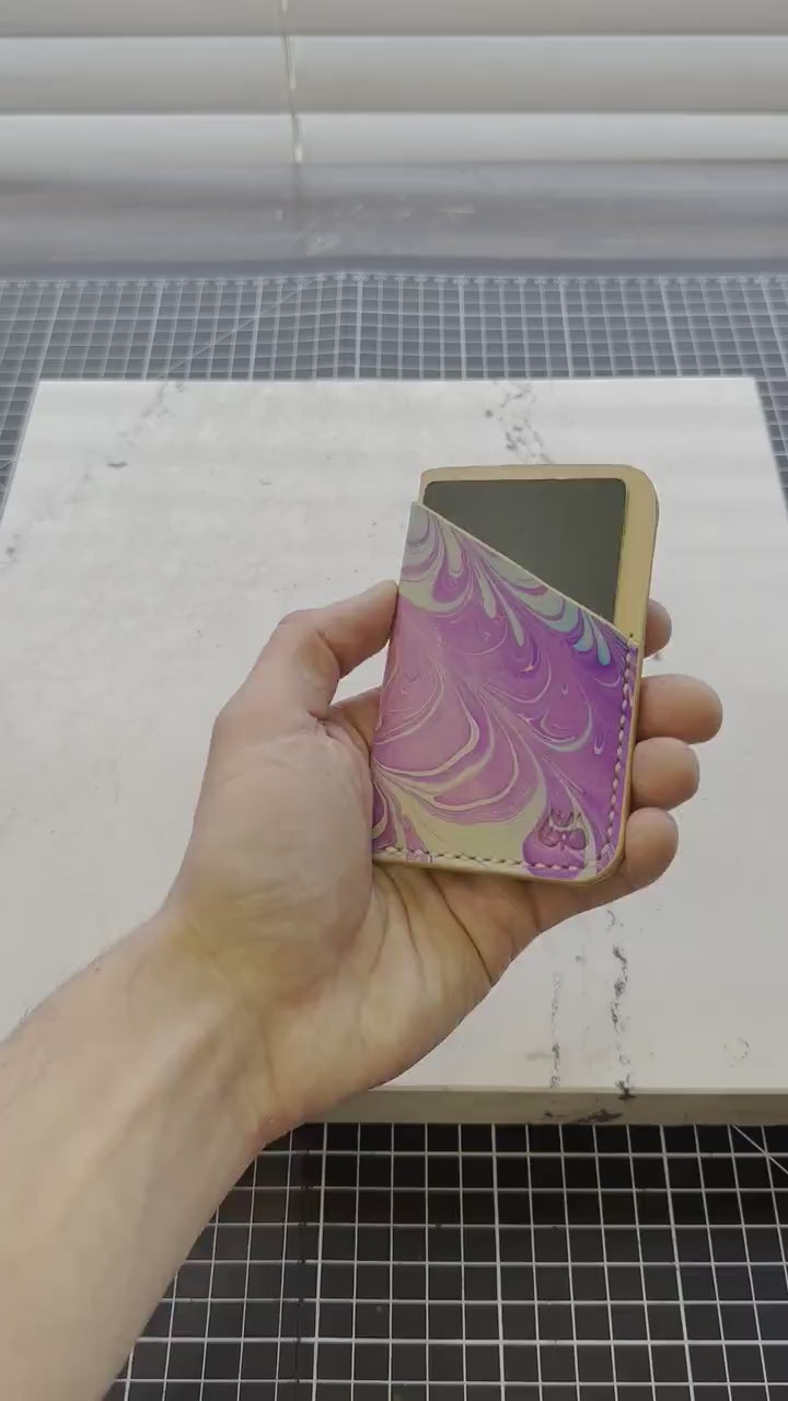 Handmade Marbled Blue and Purple Leather Cardholder – Unique and Stylish Minimalist Wallet