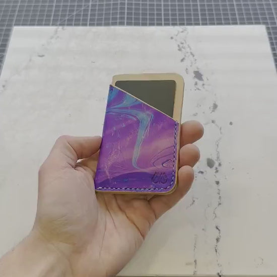 Handmade Marbled Blue and Purple Leather Cardholder – Unique and Stylish Minimalist Wallet