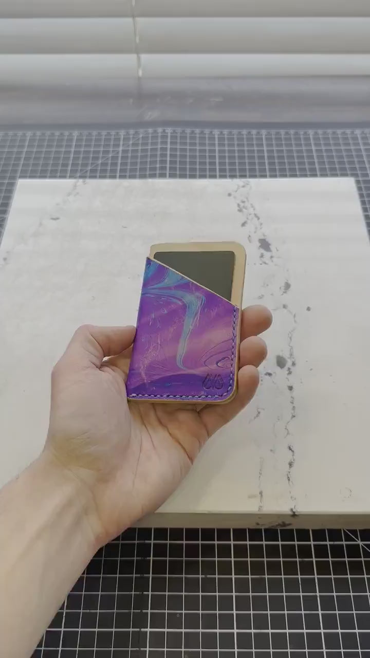 Handmade Marbled Blue and Purple Leather Cardholder – Unique and Stylish Minimalist Wallet