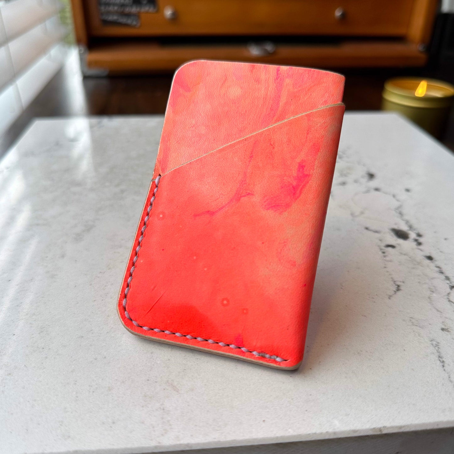 Handmade Marbled Pink and Orange Leather Cardholder – Unique and Stylish Minimalist Wallet