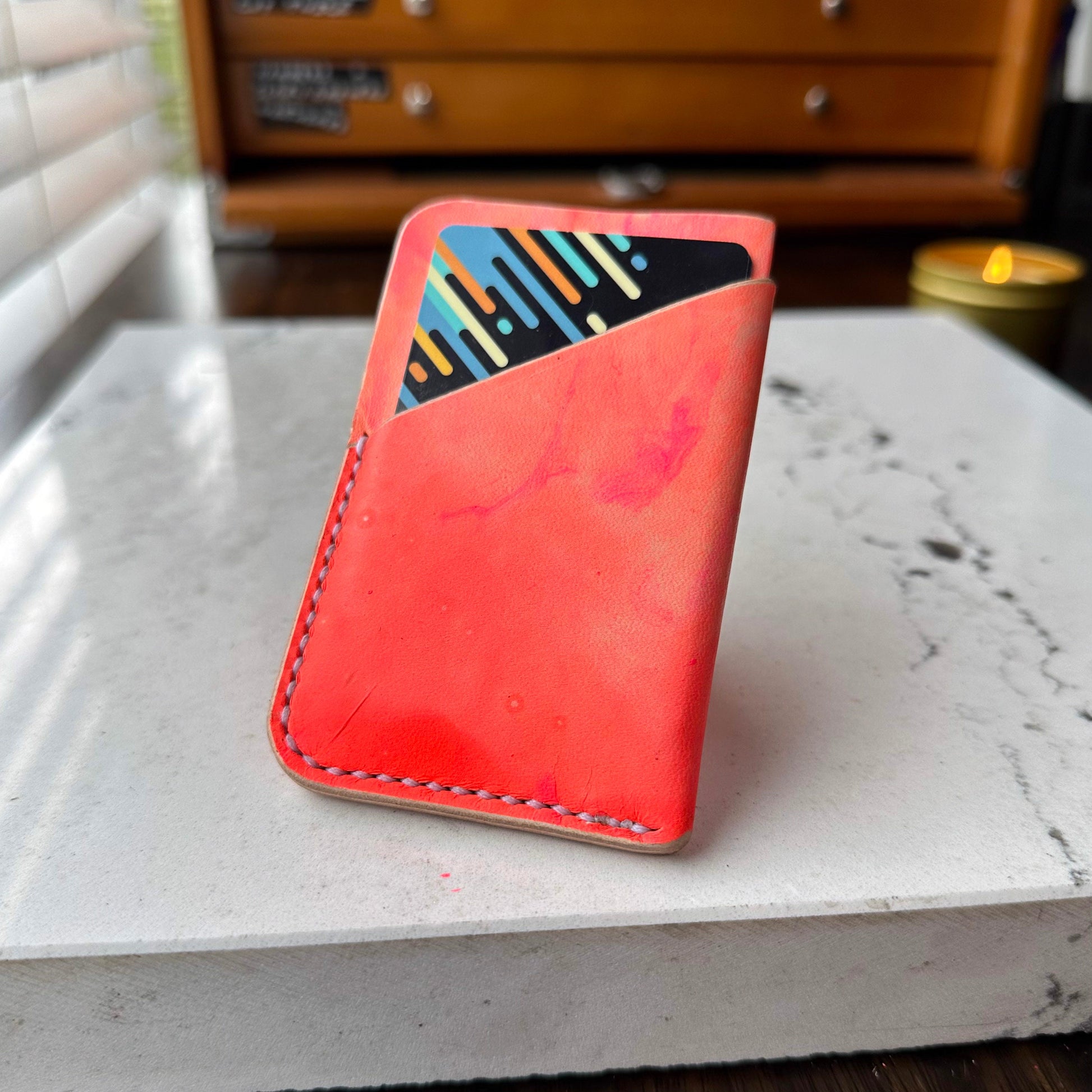 Handmade Marbled Pink and Orange Leather Cardholder – Unique and Stylish Minimalist Wallet