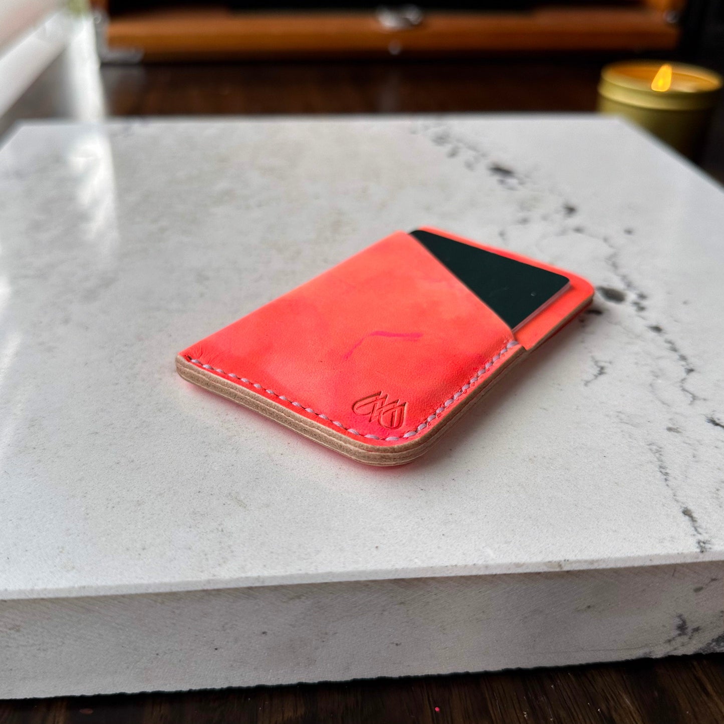 Handmade Marbled Pink and Orange Leather Cardholder – Unique and Stylish Minimalist Wallet