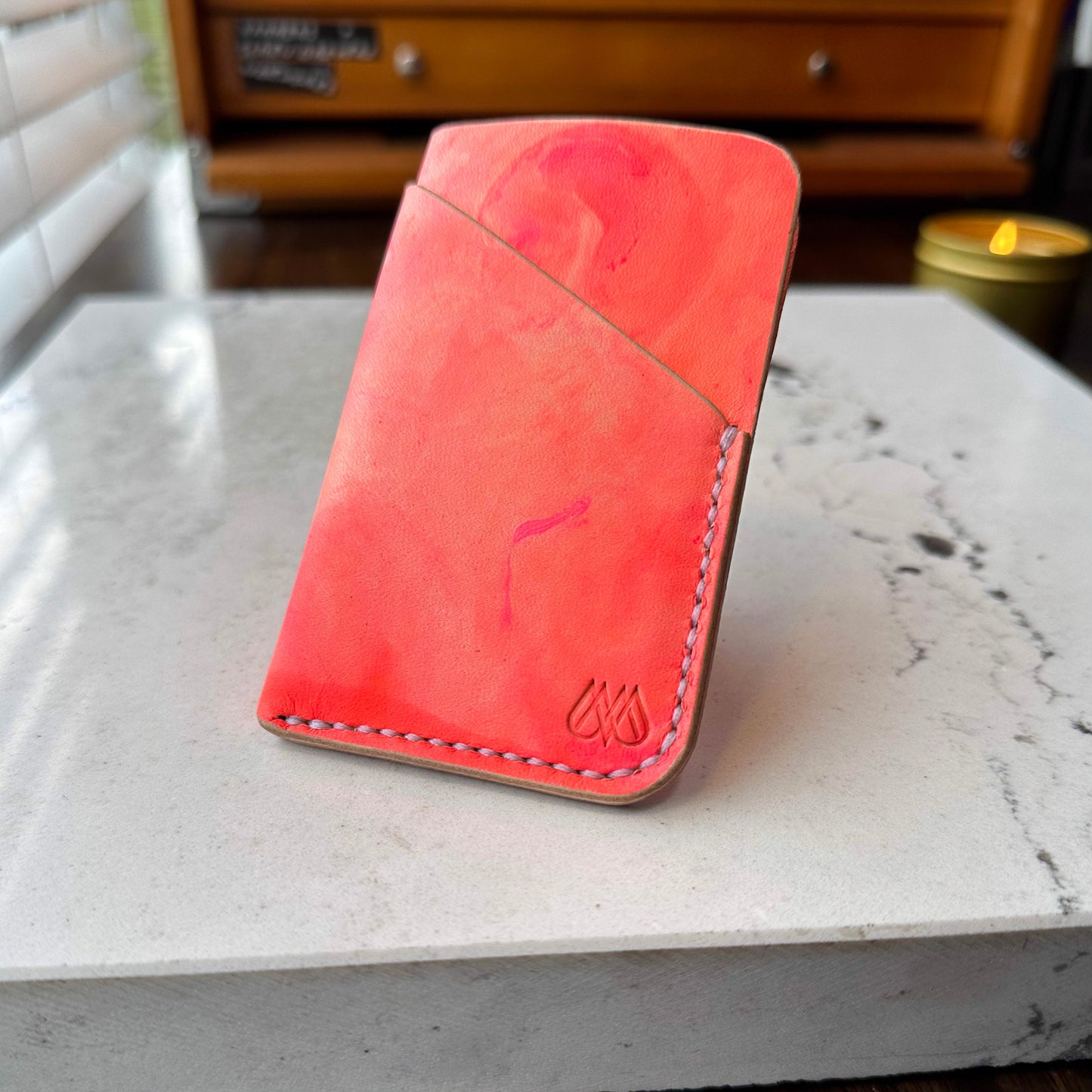 Handmade Marbled Pink and Orange Leather Cardholder – Unique and Stylish Minimalist Wallet