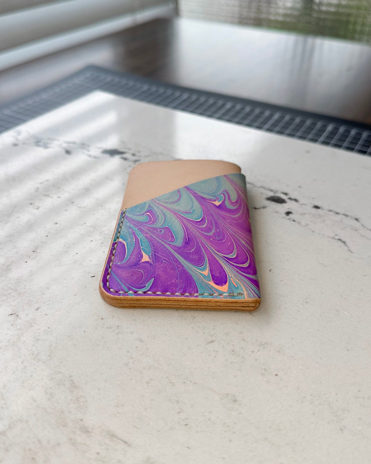 Handmade Marbled Blue and Purple Leather Cardholder – Unique and Stylish Minimalist Wallet