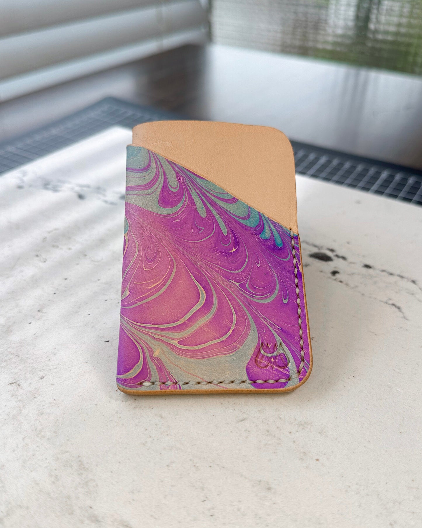 Handmade Marbled Blue and Purple Leather Cardholder – Unique and Stylish Minimalist Wallet