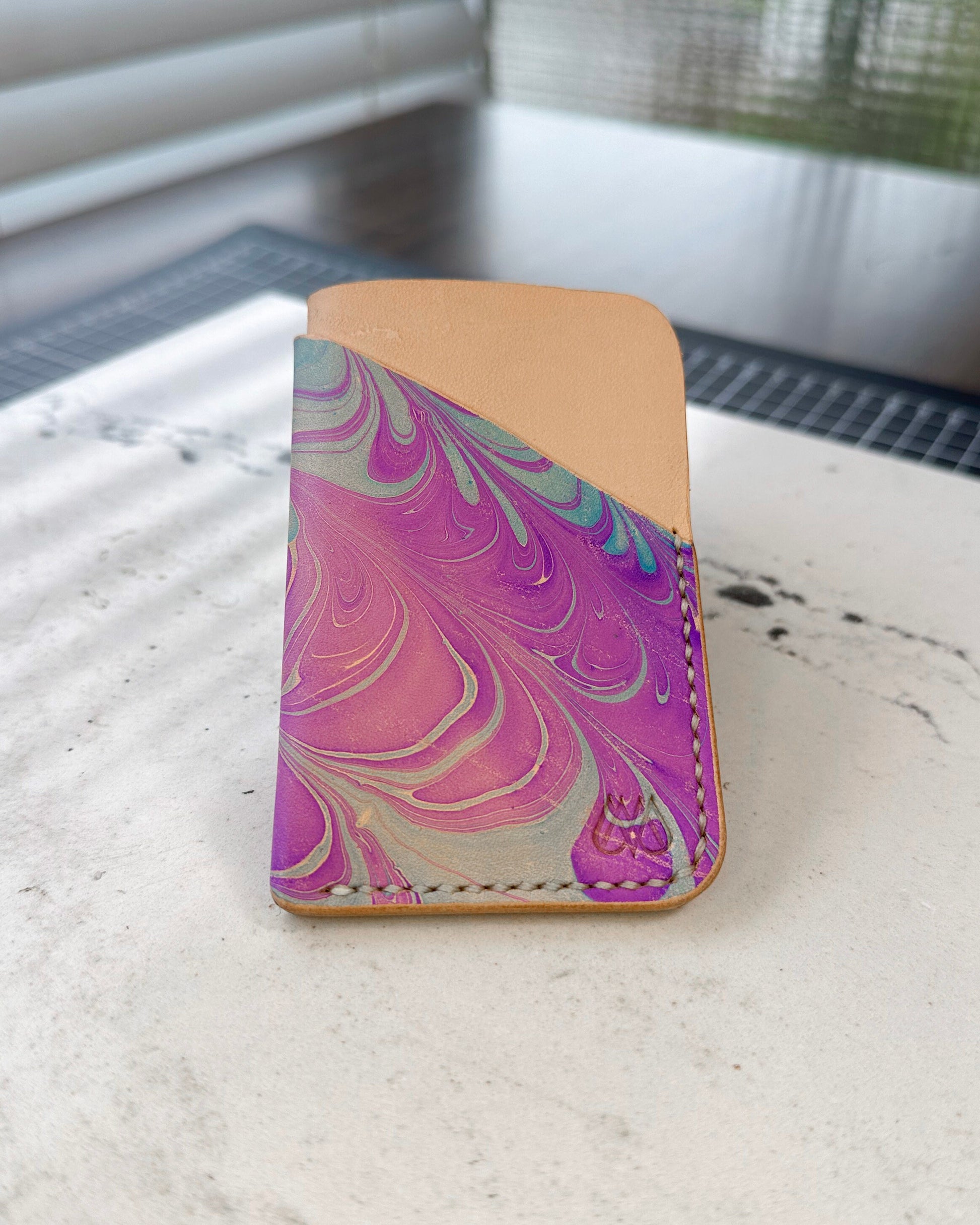 Handmade Marbled Blue and Purple Leather Cardholder – Unique and Stylish Minimalist Wallet