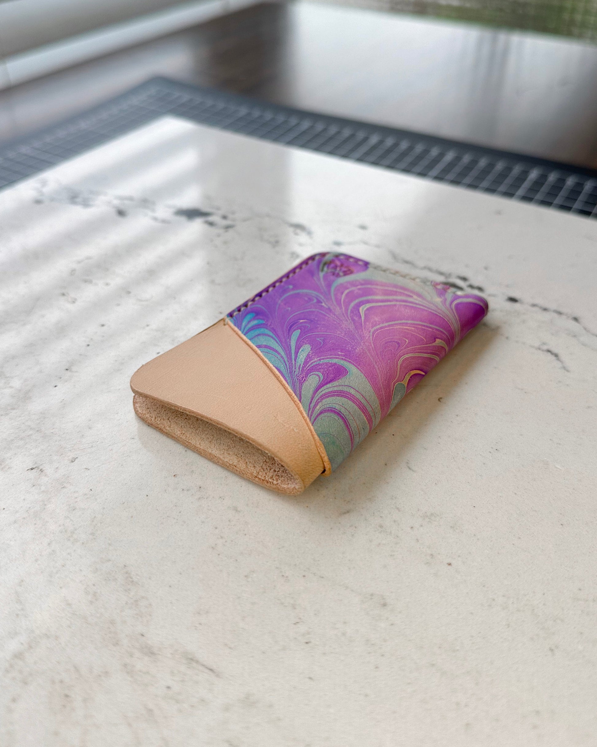 Handmade Marbled Blue and Purple Leather Cardholder – Unique and Stylish Minimalist Wallet