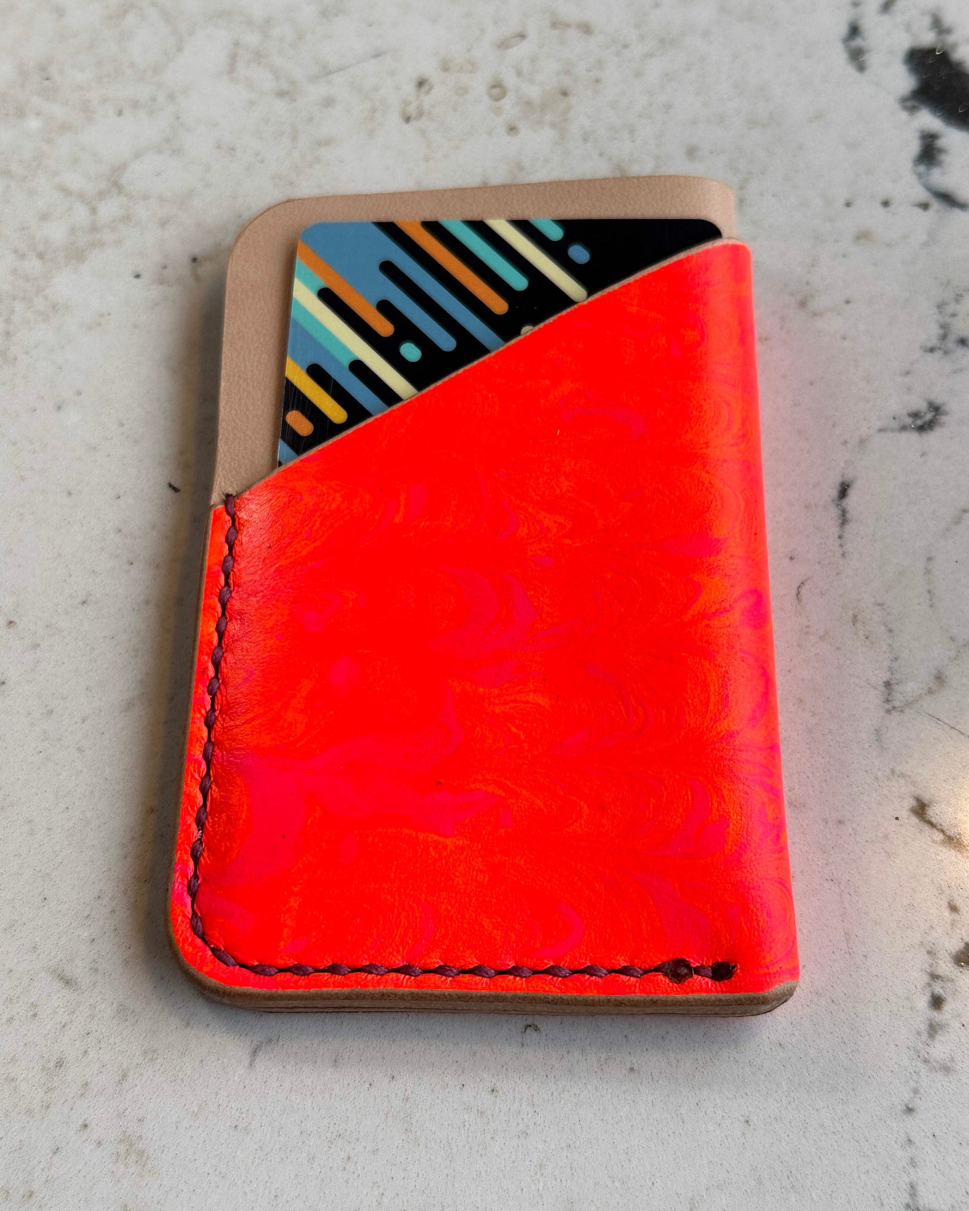 Handmade Marbled Pink and Orange Leather Cardholder – Unique and Stylish Minimalist Wallet