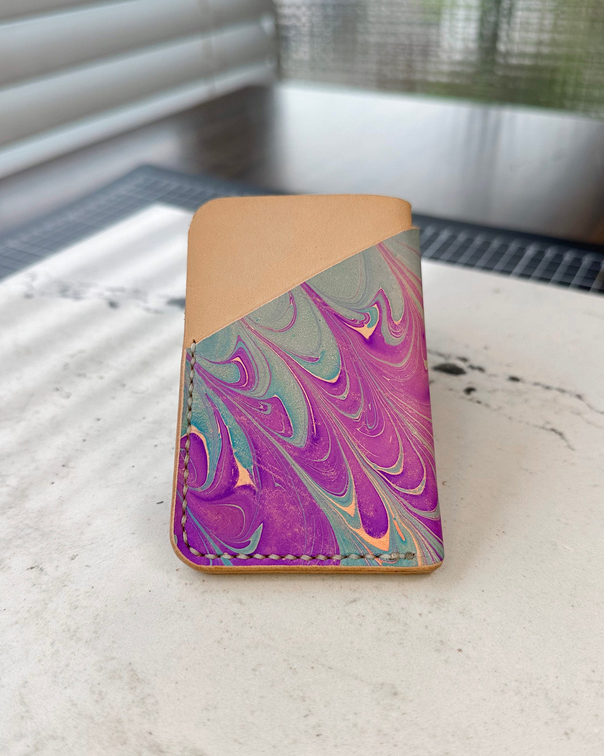 Handmade Marbled Blue and Purple Leather Cardholder – Unique and Stylish Minimalist Wallet