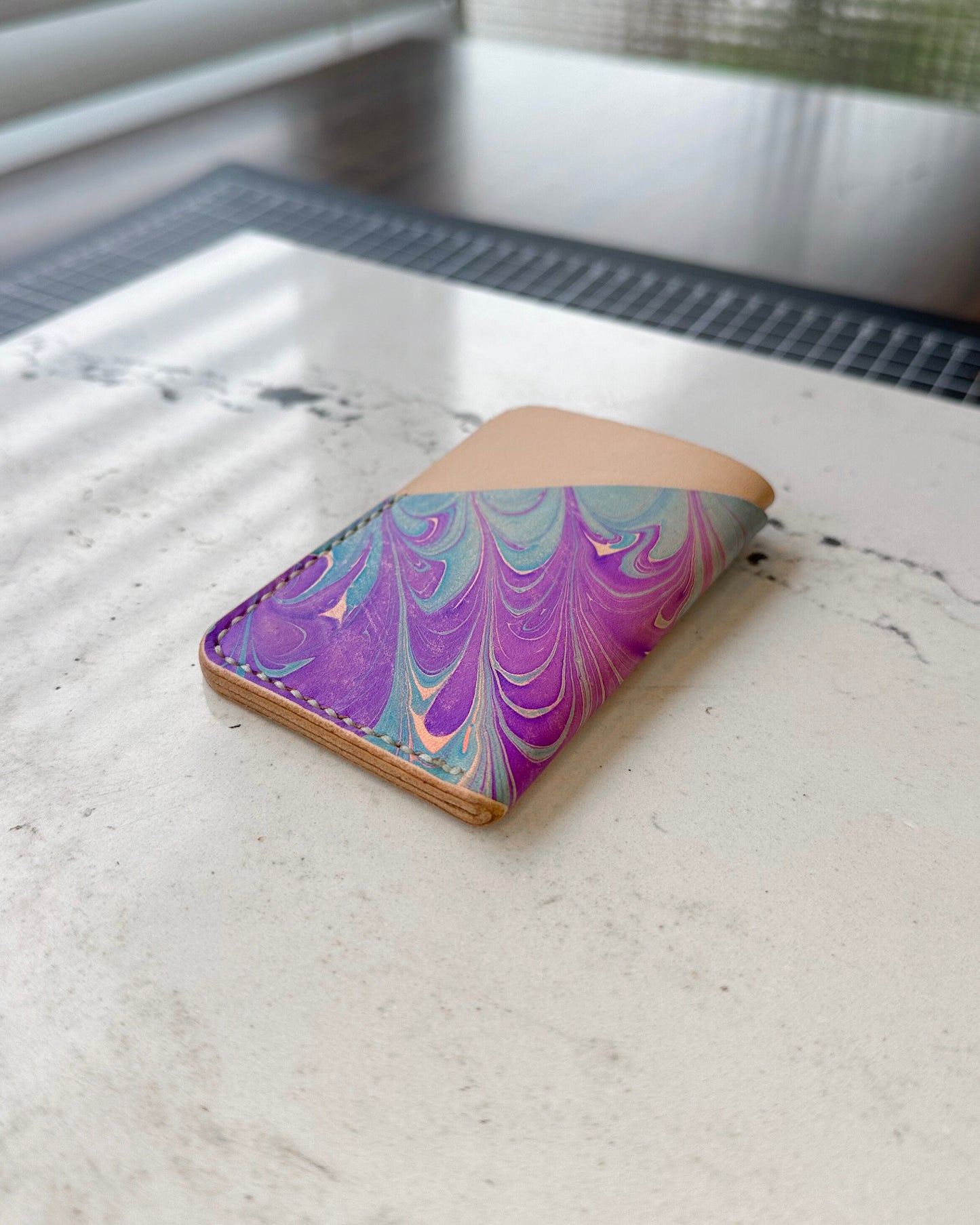 Handmade Marbled Blue and Purple Leather Cardholder – Unique and Stylish Minimalist Wallet