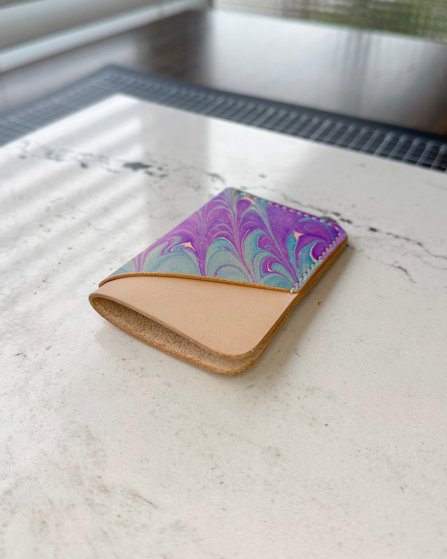 Handmade Marbled Blue and Purple Leather Cardholder – Unique and Stylish Minimalist Wallet