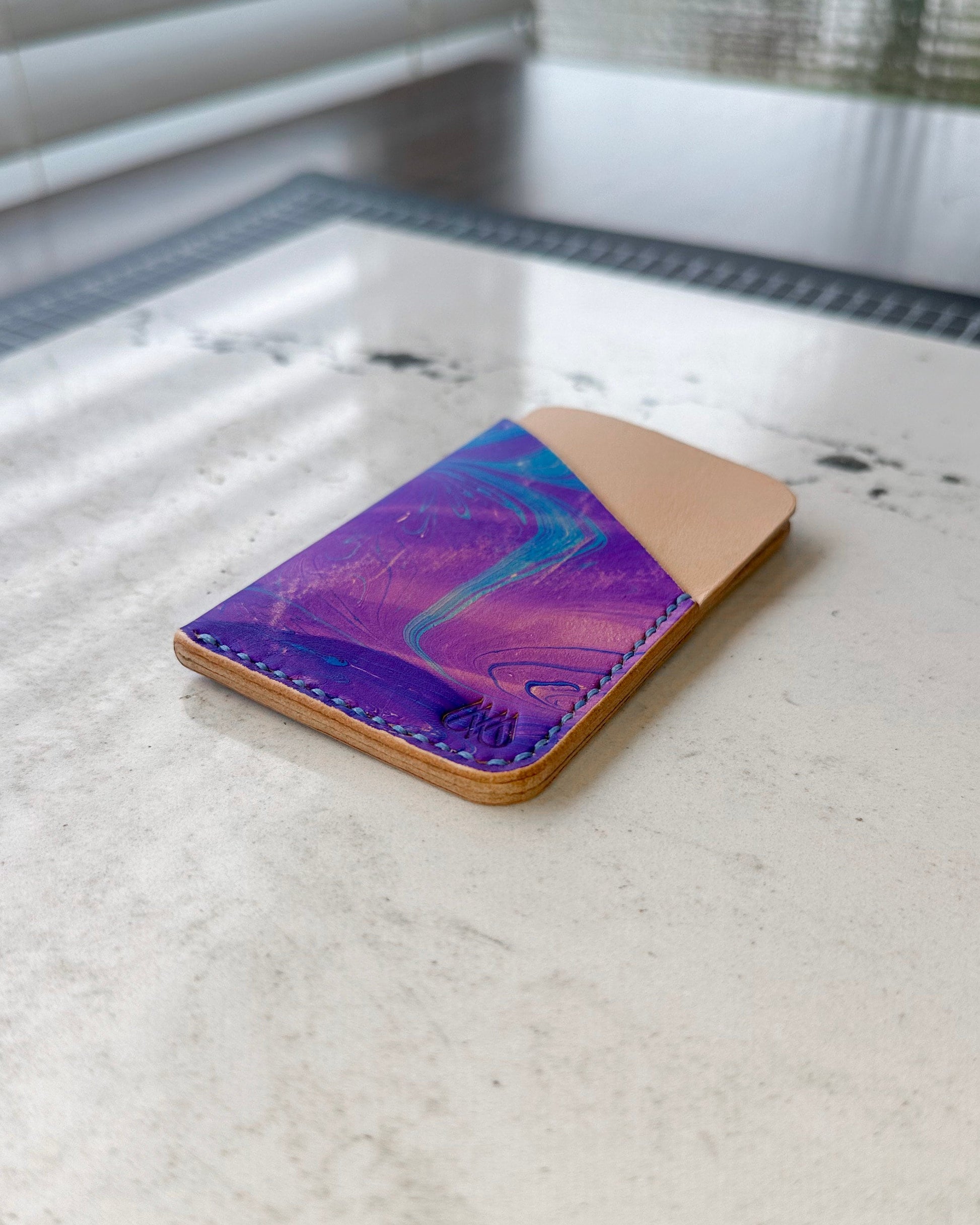 Handmade Marbled Blue and Purple Leather Cardholder – Unique and Stylish Minimalist Wallet