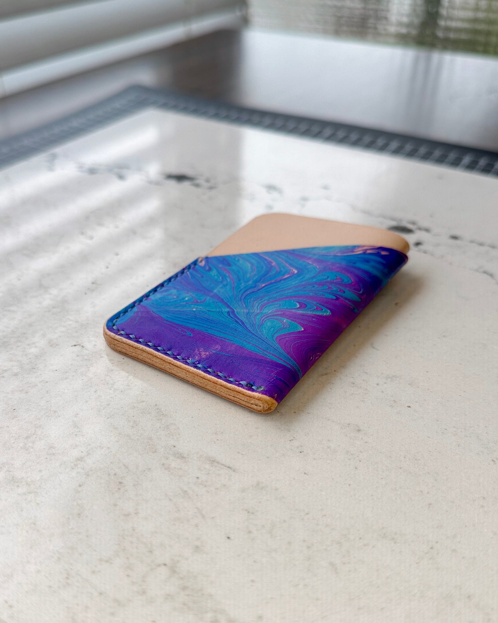 Handmade Marbled Blue and Purple Leather Cardholder – Unique and Stylish Minimalist Wallet